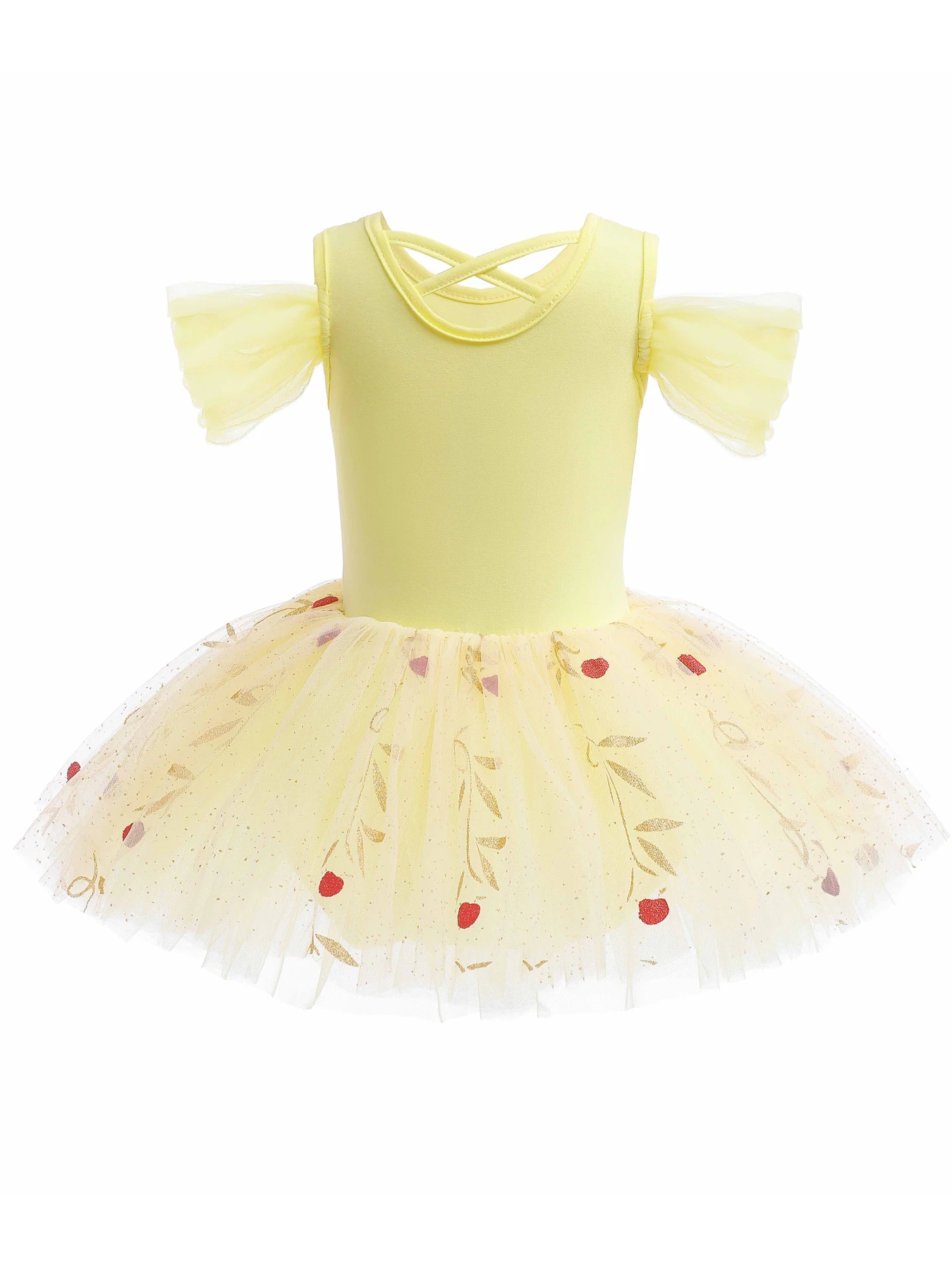 Girls Yellow Lace Tulle Ballet Tutu Mesh Short Sleeve Ballet Tutu Practice Performance Leotard