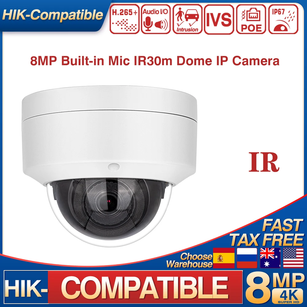 6MP 8MP Dome IP Camera Built-in Mic IR30m Human Vehicle Detection Plug&play with HIK NVR APP Remote Hikvision Compatible Serice