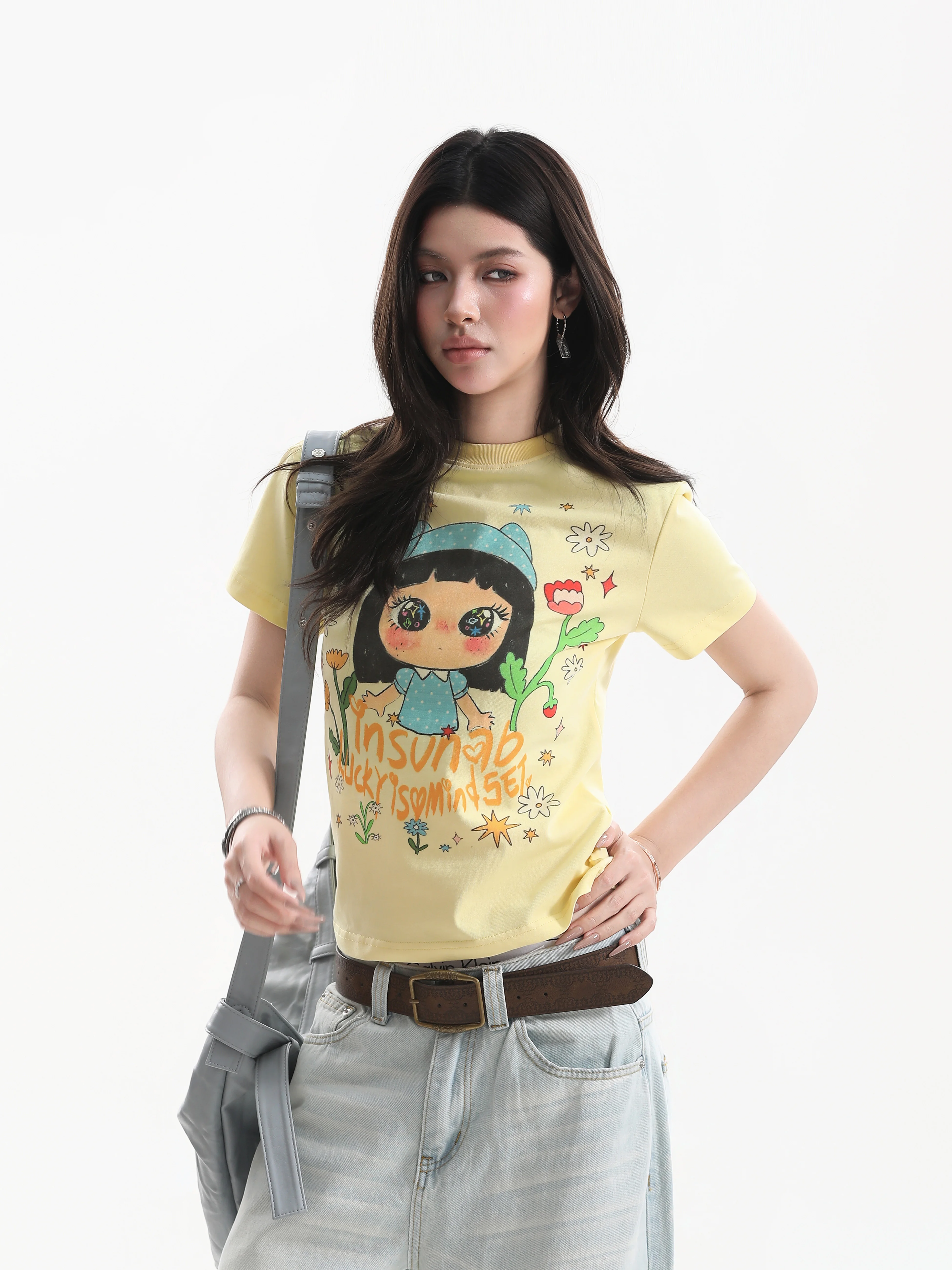 Slim Fit Short Sleeve T-Shirt Women's Summer Casual Print Vintage American Style Small Ball Doll Eye Large Print Short Length