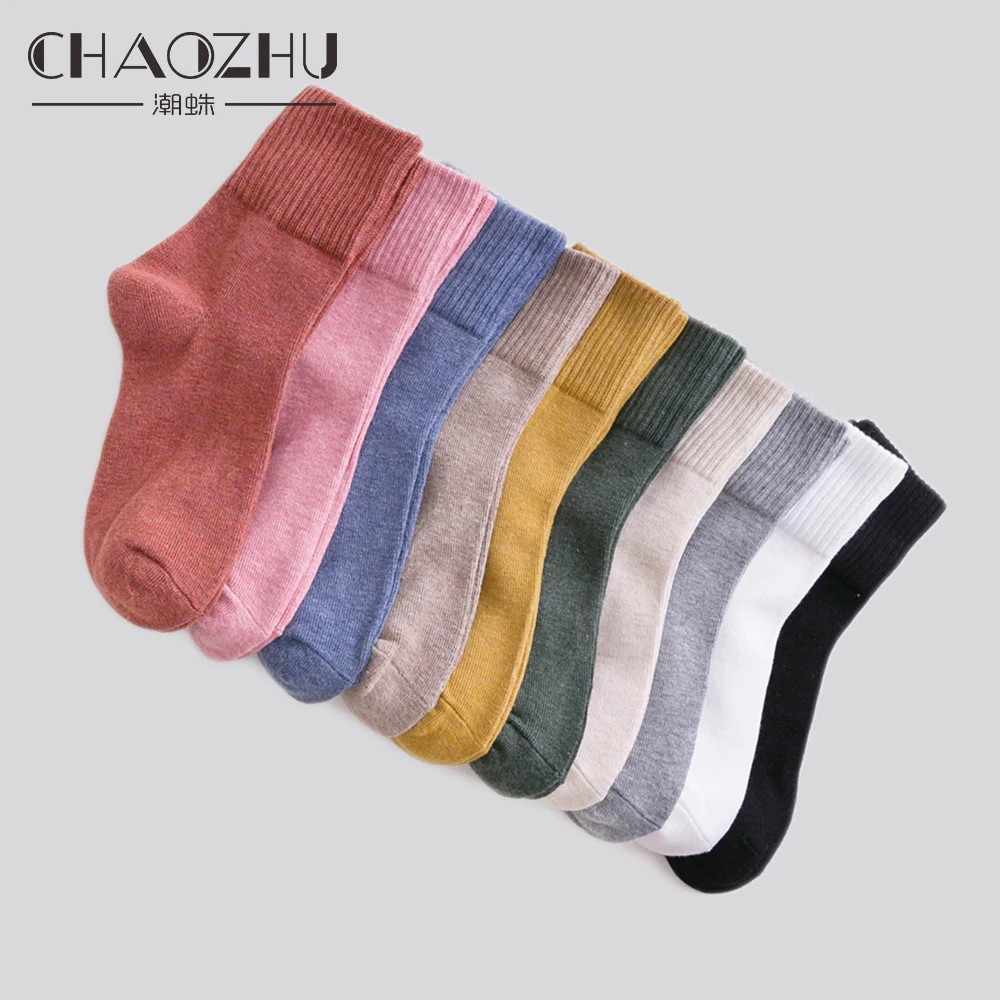 CHAOZHU-Chaussettes 100% Coton pour Femme, Couleurs Unies, Haute Qualité, Top Côtelé, Paddy, 03Basique, Coloré, Doux, Automne, Hiver