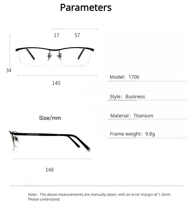Half Frame Pure Titanium Eyeglass Frame Black Business Glasses Men Myopia Glasses Anti Blue Light Optical Lenses Frames
