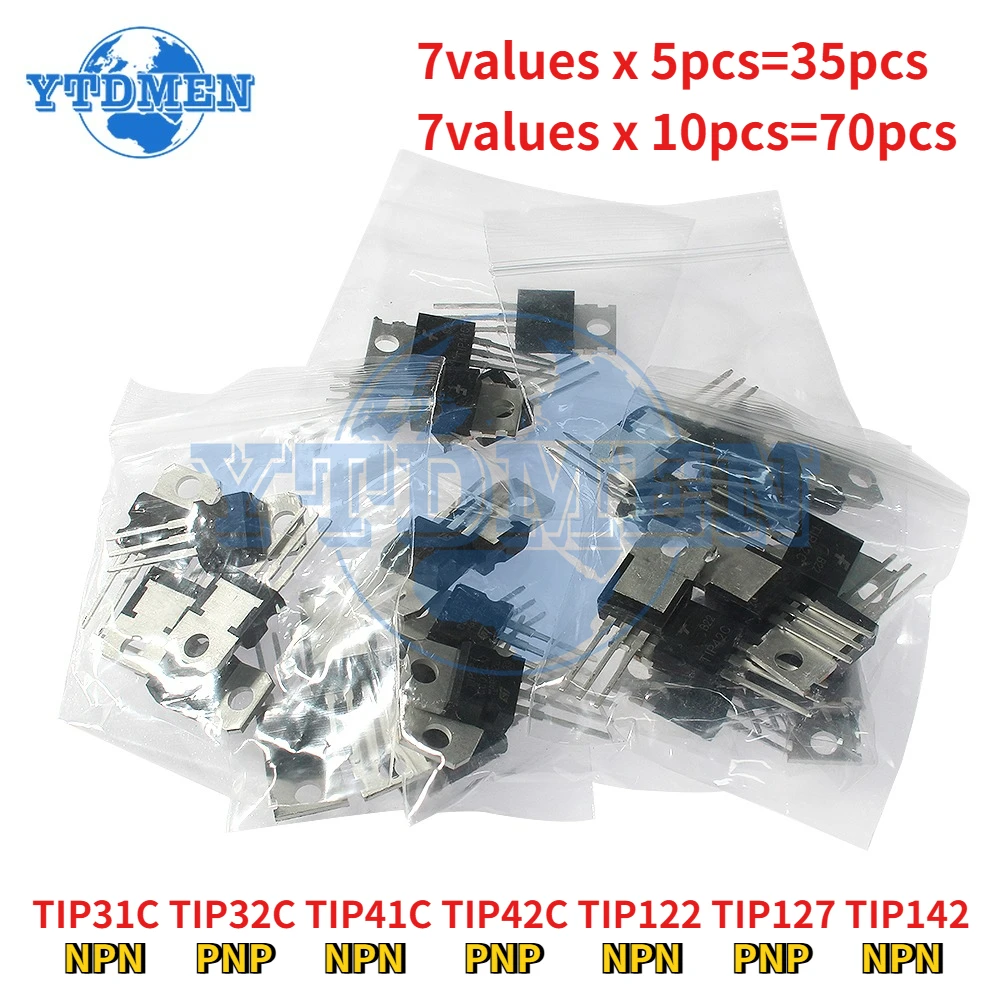 35/70 قطعة 7 قيم مجموعة الترانزستور TIP31C TIP32C TIP41C TIP42C TIP122 TIP127 TIP142 PNP NPN TO-220 مجموعة الترانزستورات #1