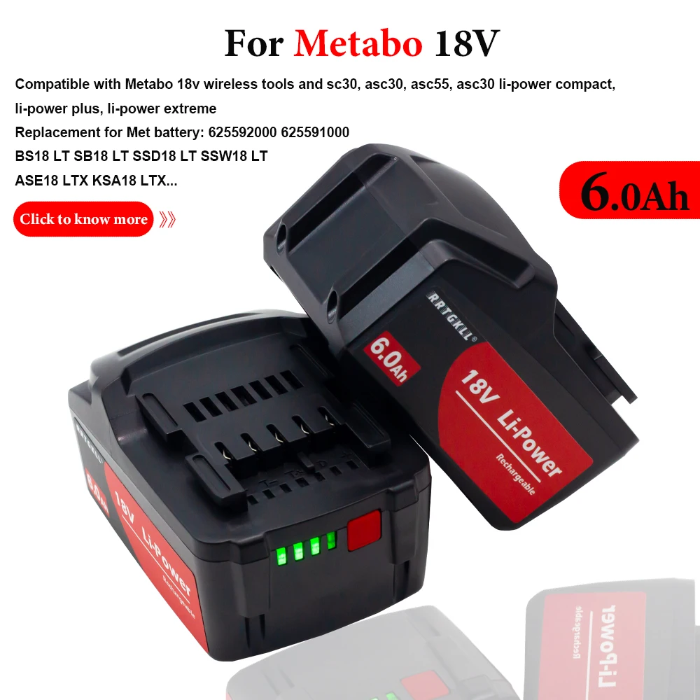 18V 6.0Ah Battery for Metabo Cordless Power Tool Drill Drivers Wrench Hammers for Metabo Li-power Plus, Li-power Extreme