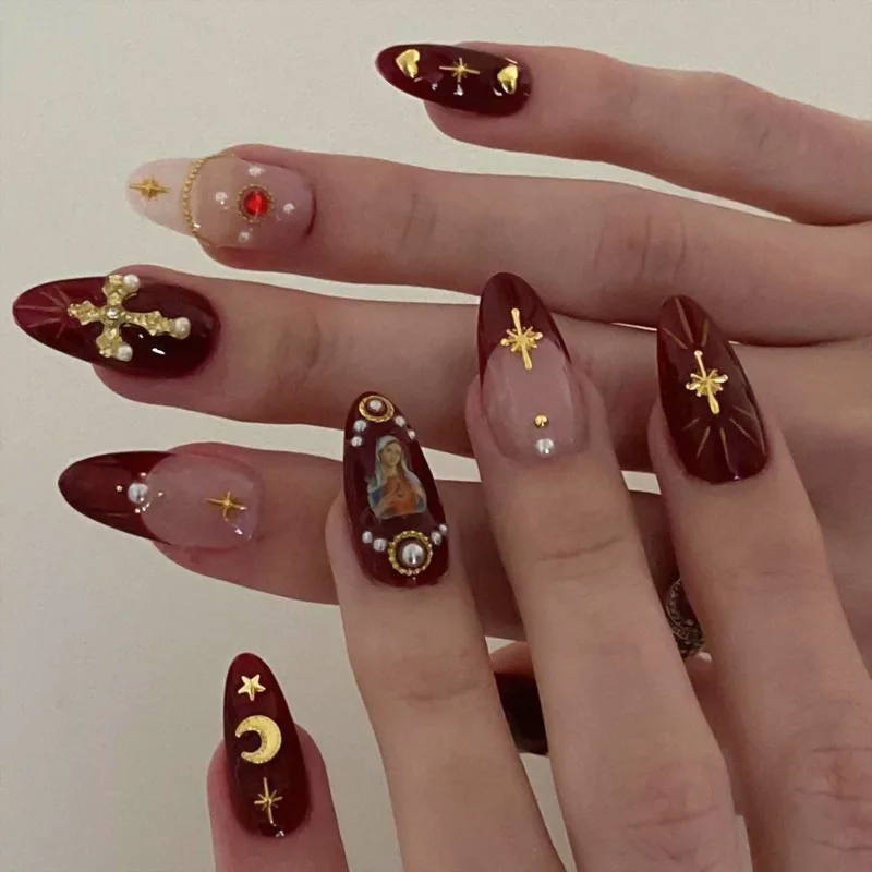 Fashion Flash Diamond Explosive Aesthetic Flash Almond Gel False Nails Cross Stars Moon Portrait Fake Nail Art Finished Product