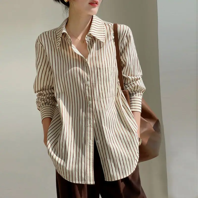 

Youthful Wind High Quality Polo-Neck Long Sleeved Striped Shirt Commuting Formal Elegant Fashionable Original Design Women's Top