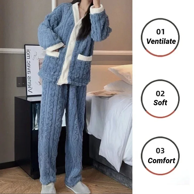 CHUANGERM Women Coral Velvet Pajamas Set 2pcs Autumn Winter Thickened Padded Warm Homewear Cardigan And Trousers For Girls image 3