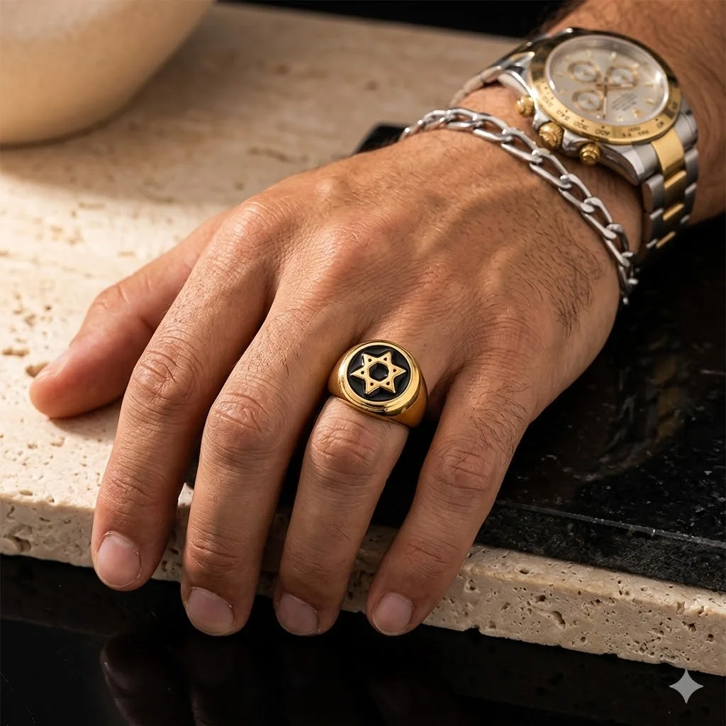 Gold Star of David Ring for Men Stainless Steel Black Enamel Jewish Magen David Signet Ring Religious Punk Male Jewelry Gift