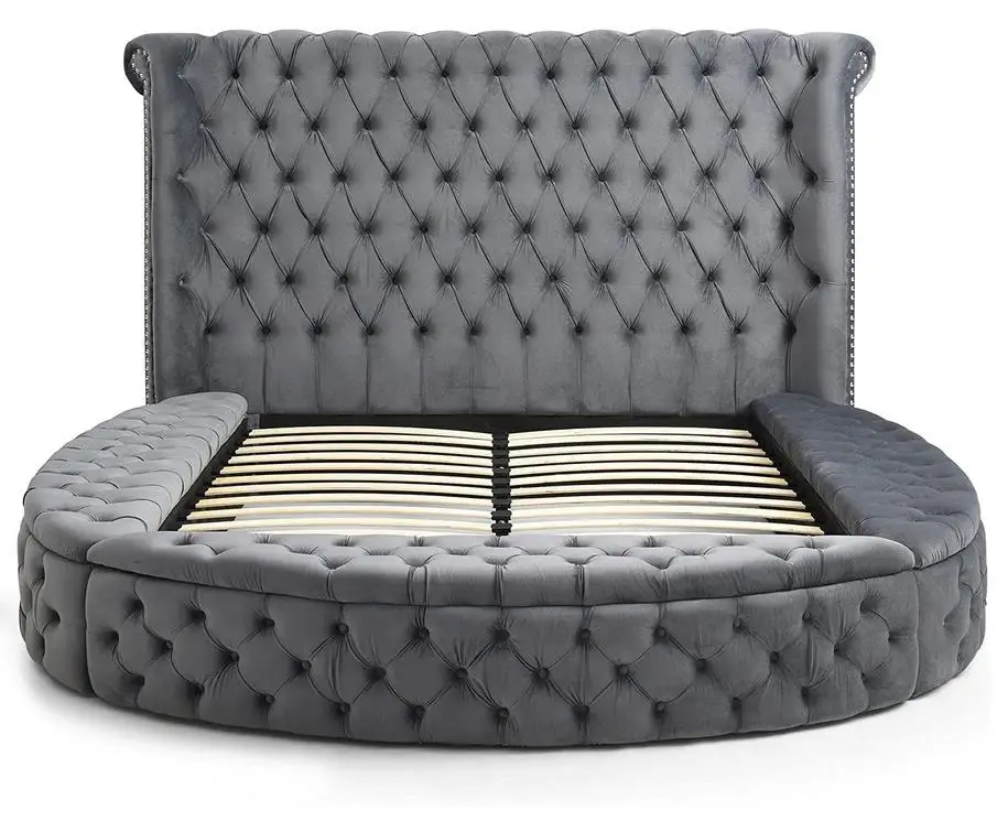 

Deep Button Tufted Velvet Upholstery Round Storage Bed Luxury Good Quality Storage Beds in Gray Color