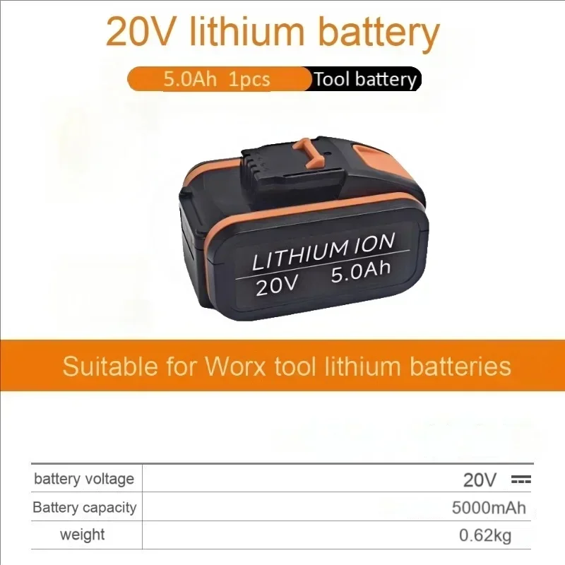 5,0 Ah -12,0 Ah 20 V lithium-ion oplaadbare batterij, compatibel met Worx-gereedschap als een 20 V-vervangende batterij