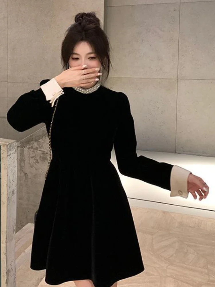 2024 Sweet Woman Party Dresses Korean Vintage Velvet Black Dress Patchwork Robe Elegant Clothes All Match Pearl Vestidos Mujer