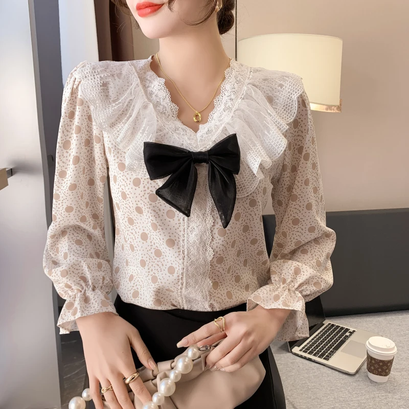 Luxury Polka Dot Blouse Women Autumn Chiffon Shirt Long Sleeve V Neck Lace Patchwork Tops Korean Chic Elegant Bow Tie Blouses