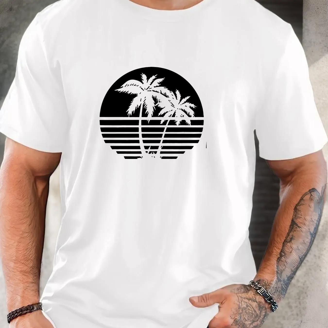 تي شيرت رجالي كاجوال بأكمام قصيرة ورقبة دائرية قابلة للتنفس مع طباعة جرافيك شجرة النخيل مناسبة للنزهات على الشاطئ #2