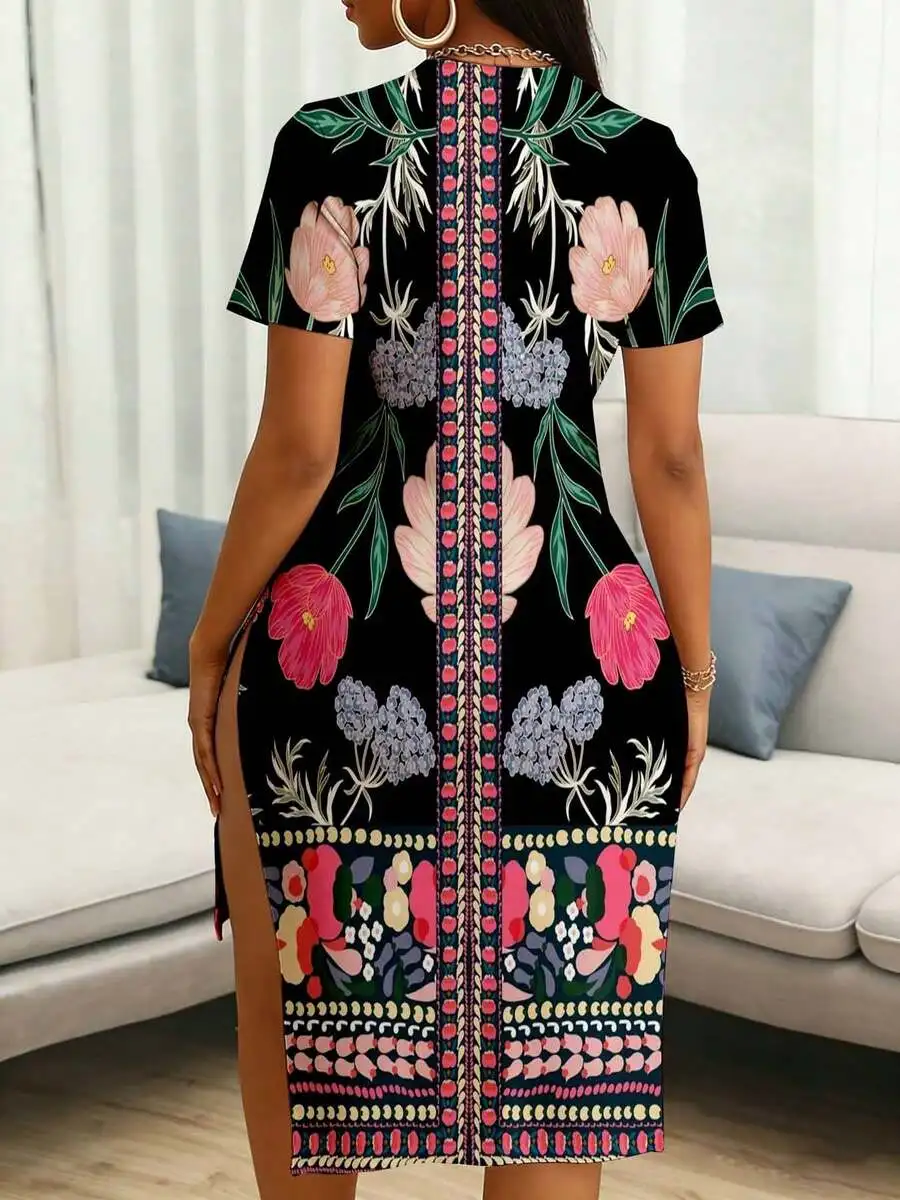

Floral Print Asymmetrical Dress With Side Slit For Summer Beach Festival