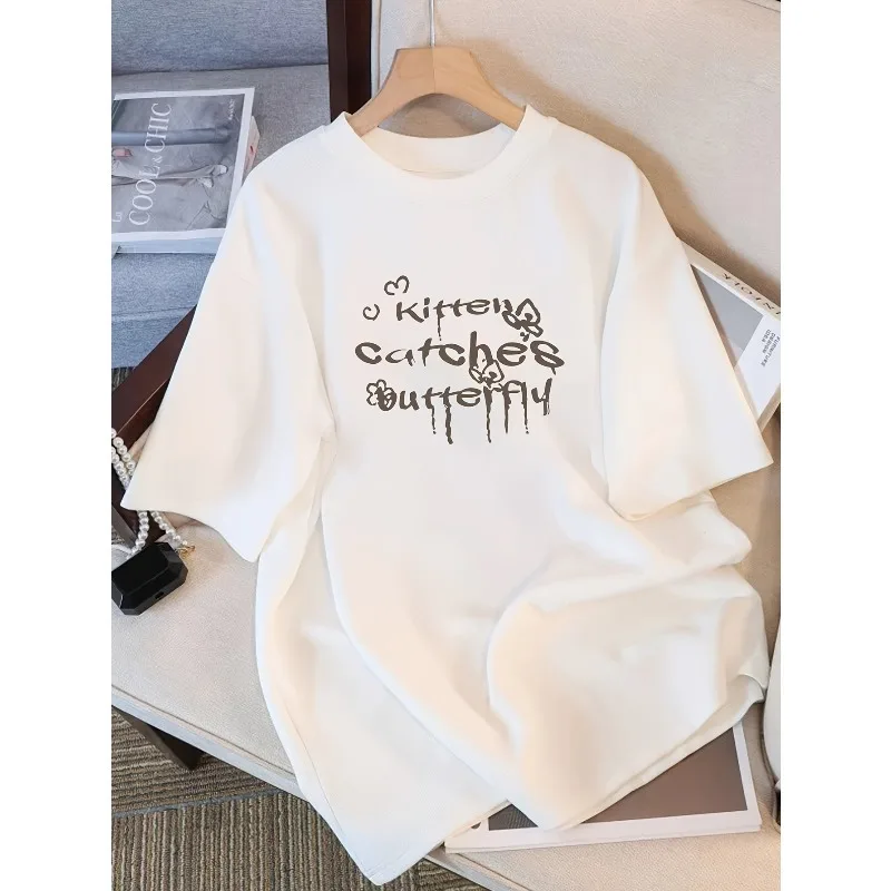Front and Back Design Sense Niche T-shirt Summer Cartoon Print Fashionable Pure Cotton T-shirt Top Loose Slimming Women T-shirt