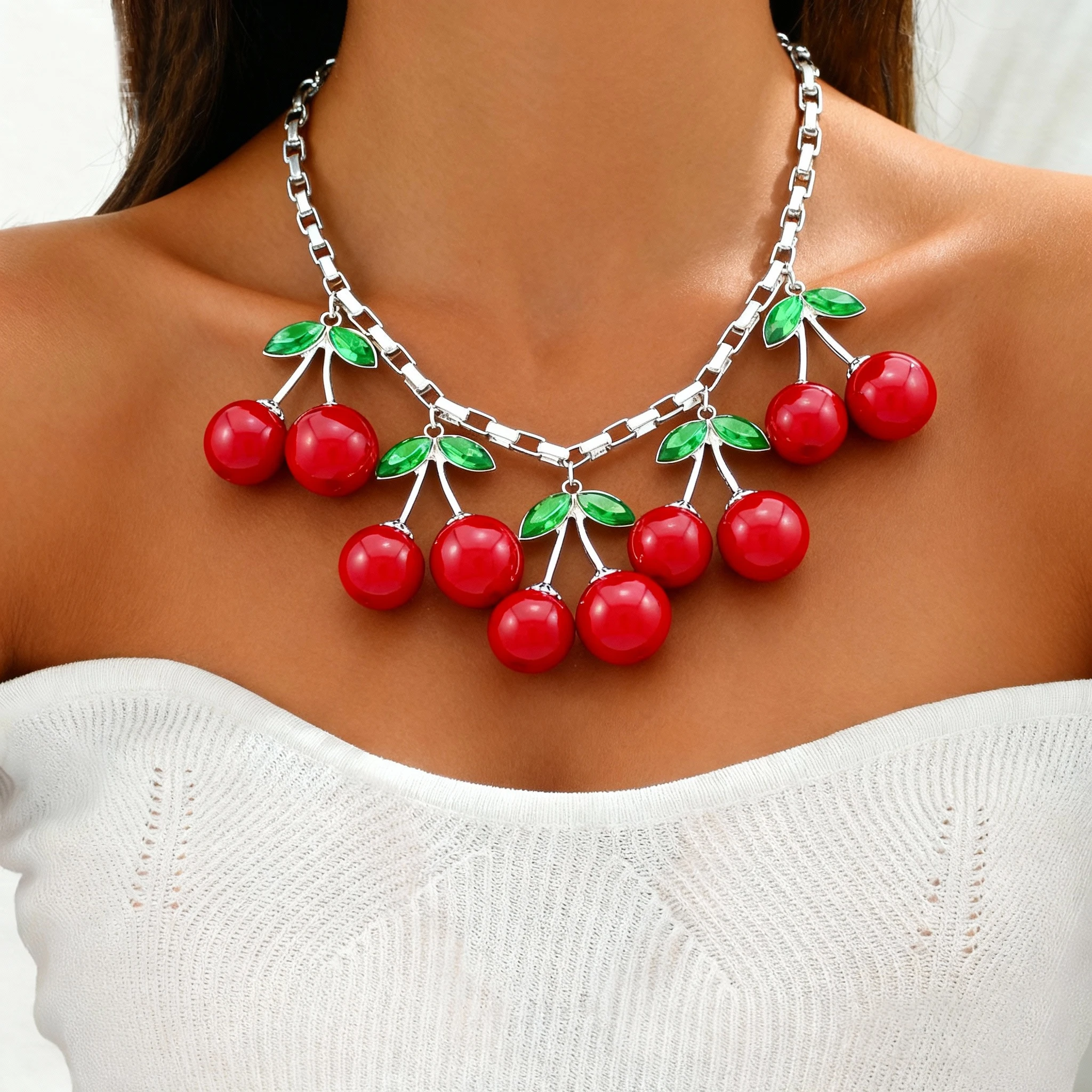 Declaración 10 gran cereza roja colgante cadena gargantilla de cristal Collar dulce babero Collar moda personalidad fiesta joyería regalos