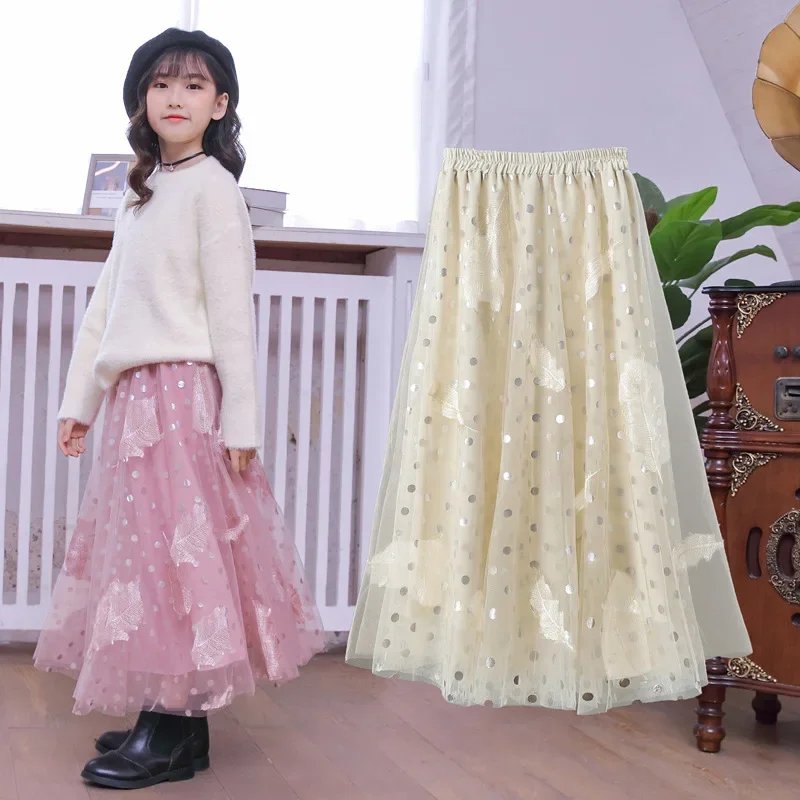 

Girls Gauze Skirt 2024 New Spring Children A-line Long Skirts for Girls Cute Polka Dot Feather Kids Skirt