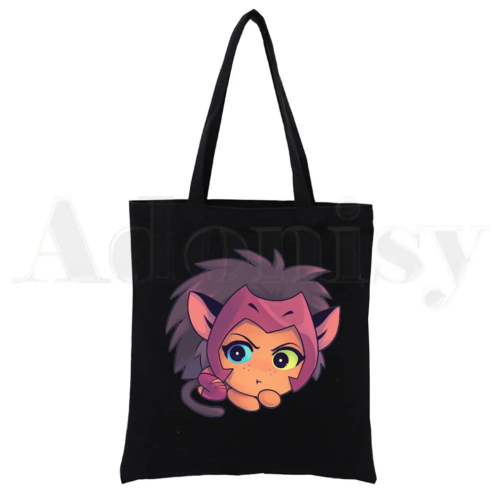 Adora Catra Love She Ra e Catra Cartoon Artwork Black Canvas Print Shopping Bags Girls Fashion Life Casual Pacakge Hand Bag