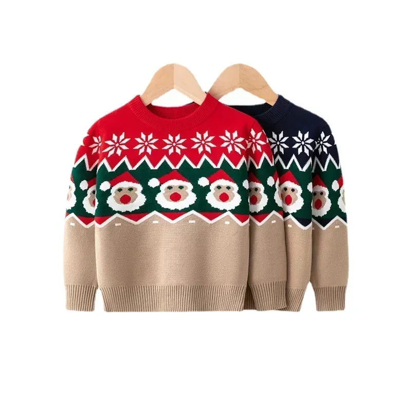 Christmas Bottomed Sweater Winter Boys Girls Xmas Warm Cotton Pullover Kids Knit Clothes Autumn Children Print Knitwear 2-6 Year