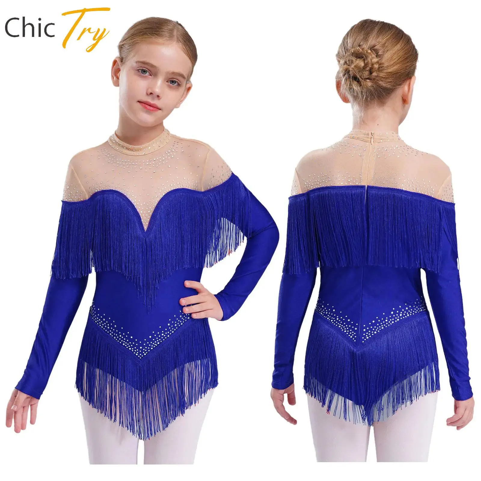 

Sparkly Rhinestones Tassel Latin Dance Tassels Leotards Dress for Kids Girls Chacha Rumba Tango Salsa Bodysuit Stage Clothes