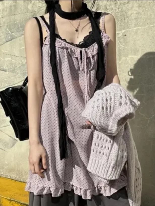 

Chic Polka Dot Blouse Skirt Dr Layering Early Sle Lace Trim Splice Strapl Dr Sweet Sle Midi Length Loose Fit