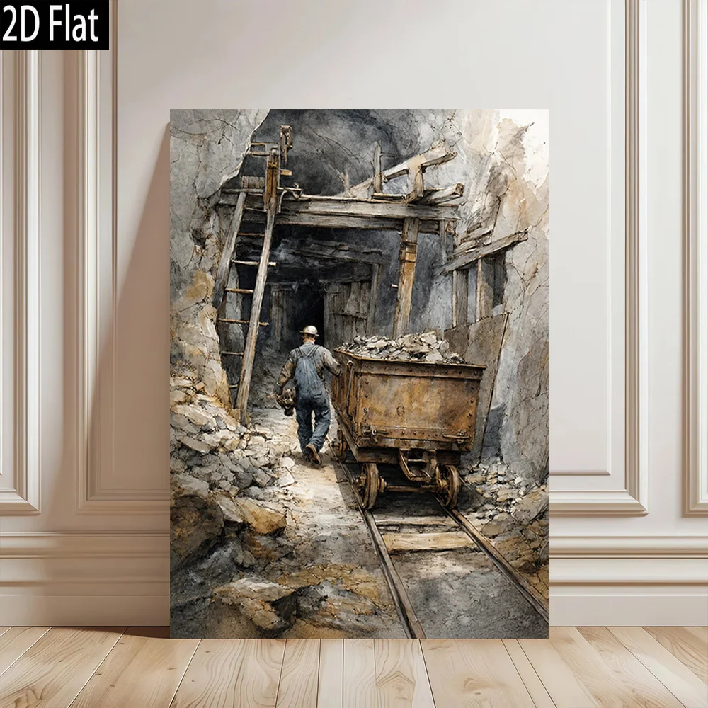 2D Flat, 2D Flat 1pc Mining Worker Pushing Cart Through Tunnel Modern Retro Frameless Canvas Wall Art High Quality Printed Po