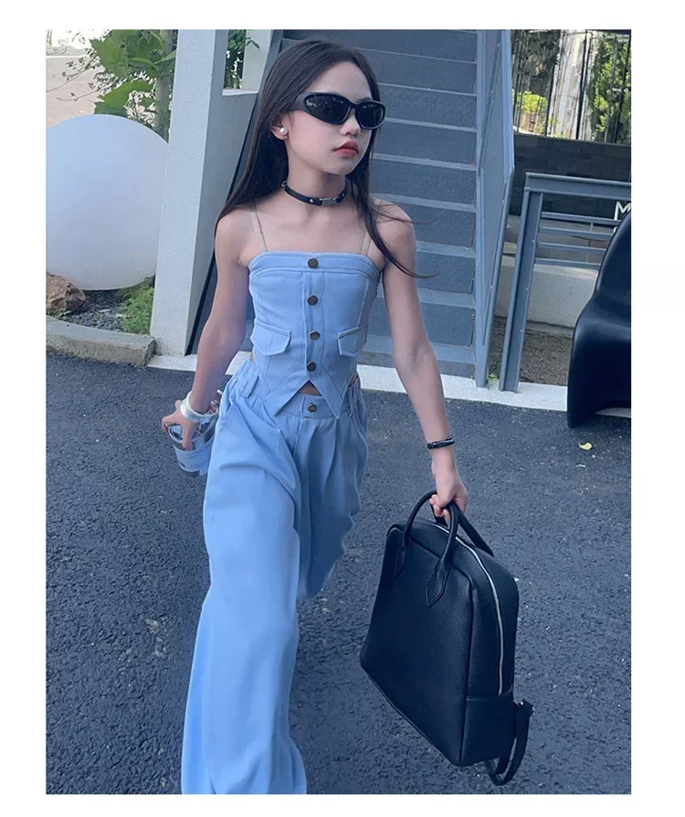 Girls Suits Summer Set 2024 New Style Fashionable Suspenders Big Children Thin Loose Wide-leg Pants Two-piece Set Clothes