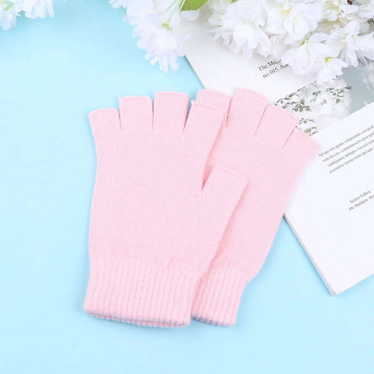 قفازات نصف إصبع محبوكة دافئة باللون الوردي للنساء للشتاء، ناعمة ومريحة ومسامية، مجموعة ملابس رائعة #5