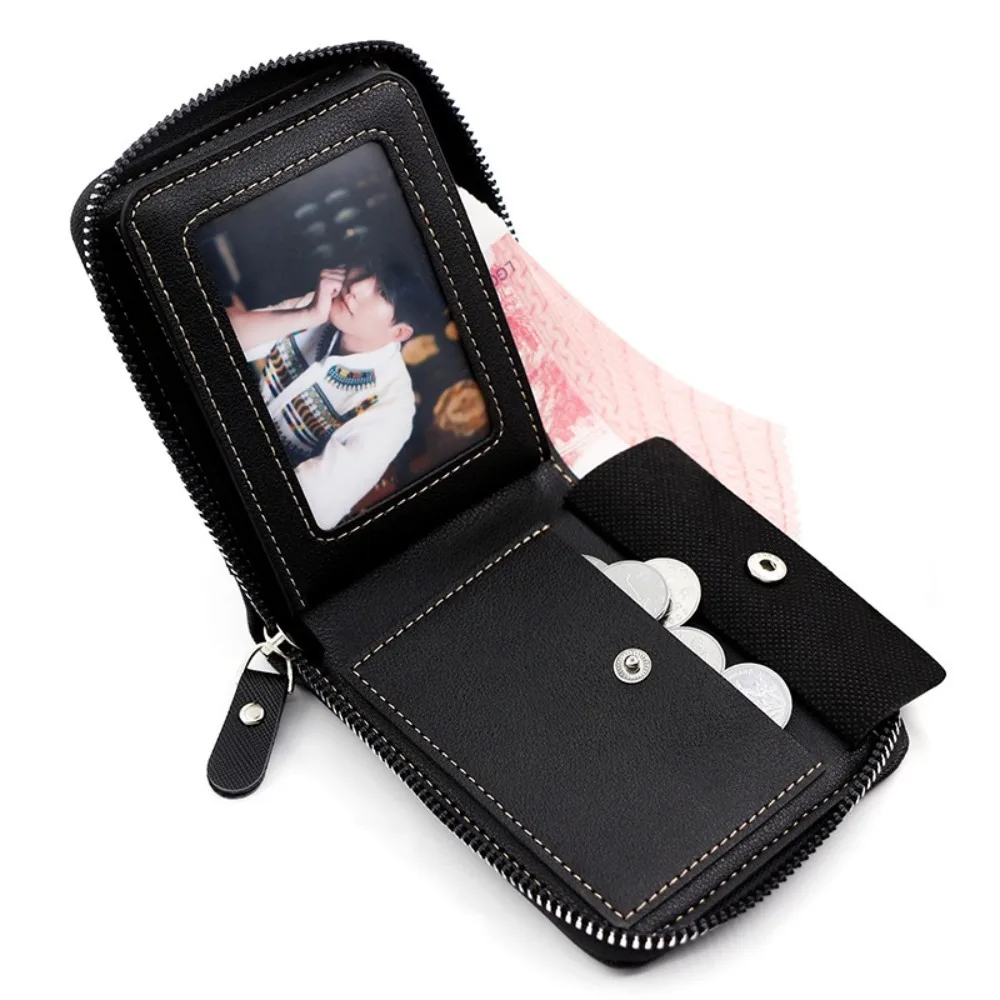 

ID Window Case PU Leather Short Zipper Wallet Button Multi-card Men's Coin Purse Retro Cash Clamp Tri-fold Wallet Travel