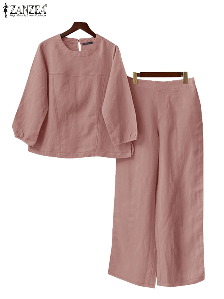 2024 ZANZEA Vintage Suit Summer Women Tracksuits Autumn O Neck 3/4 Sleeve Blouse Pant Sets 2PCS Casual Solid Outfits Oversize