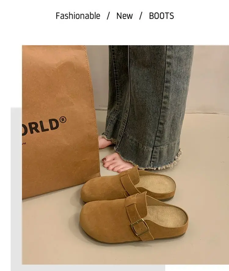 Damen-Wildleder-Pantoletten mit geschlossener Zehenpartie, verstellbare Schnalle, flache Clogs zum Überziehen, Retro-Freizeit-Outdoor-Schuhe ohne Rücken. – Detail 9