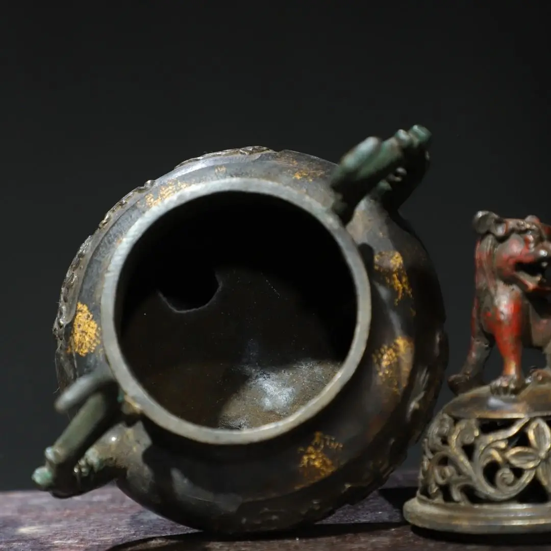 Old Tibetan Copper Tuojin [Lion Cover] Incense Burner Height 24 cm Width 14 cm Diameter 6.5 cm Weight 1.6 kg