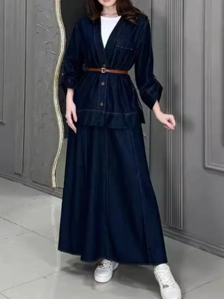 

Fashion Two Piece Casual Vintage Denim Solid Color Button V-neck Long Sleeve Shirt Top and High Waist A-line Maxi Skirts Set