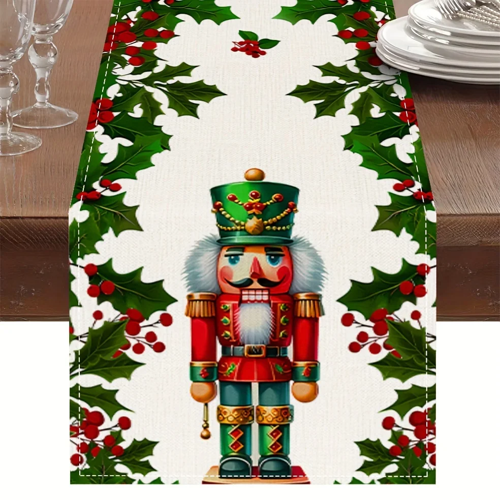 Christmas Nutcracker Holly Linen Table Runner Party Table Decor Winter Holiday Kitchen Dining Table Runner Christmas Decorations