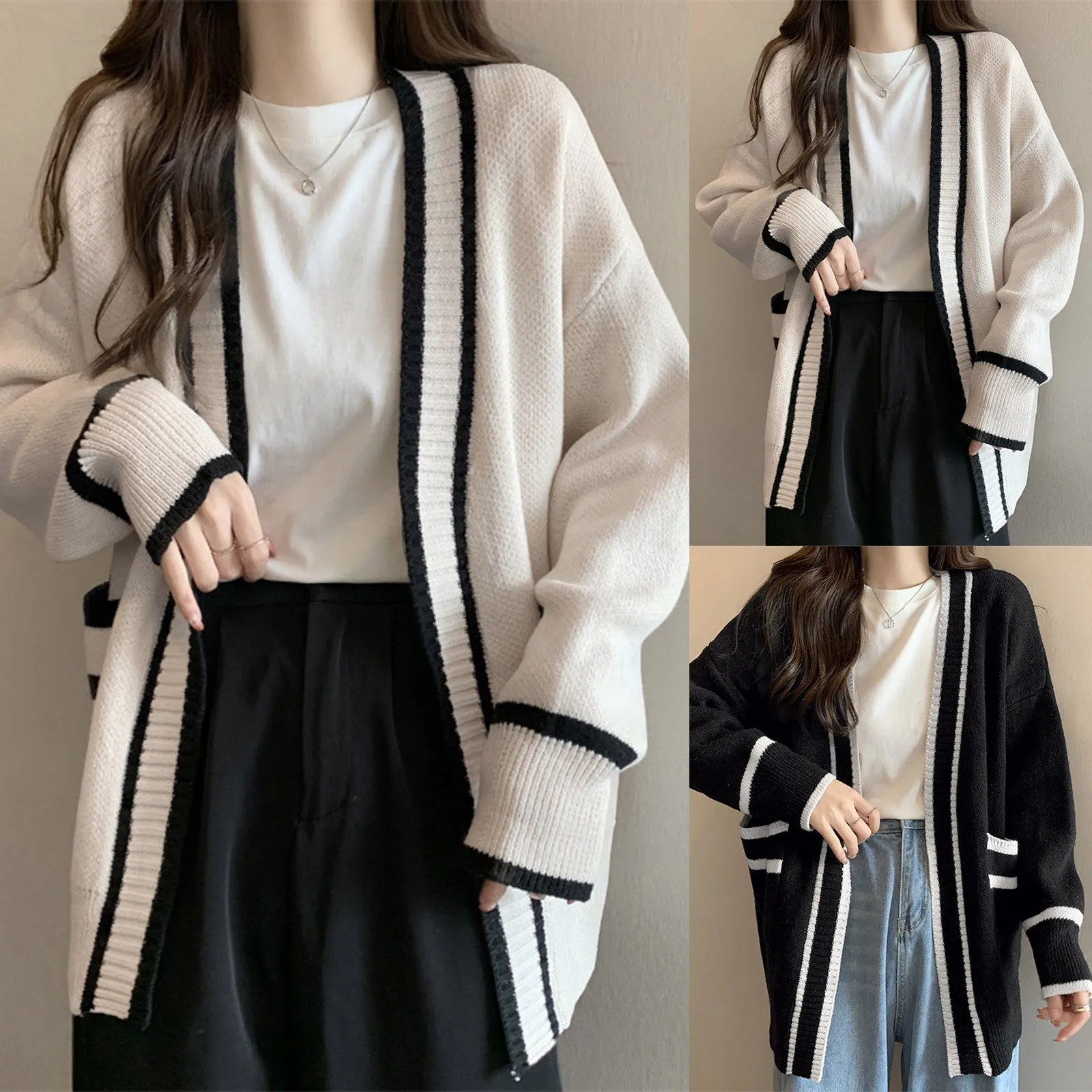 Striped Edge Knitted Cardigan Varsity Cardigan Long Sleeve V-Neck Open-Front Sweaters Knit Jacket for Women Preppy Style coats