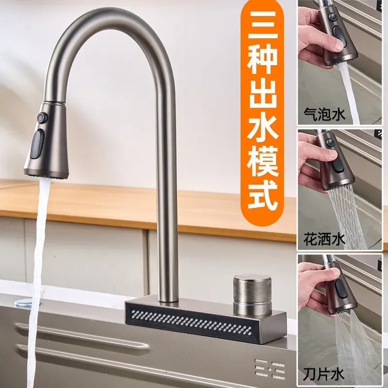 for Kitchen Faucet Stainless Steel Pull Out Flying Rain Waterfall Single Hole Dish Sink Hot and Cold Rotation Vegetable Basin