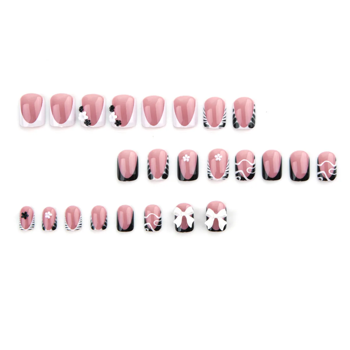 24Pcs Short Coffin False Nails with 3D Bow Dark Y2K Nail Art Animal Print Design Stick on Fake Nails for Women and Girls Wearing