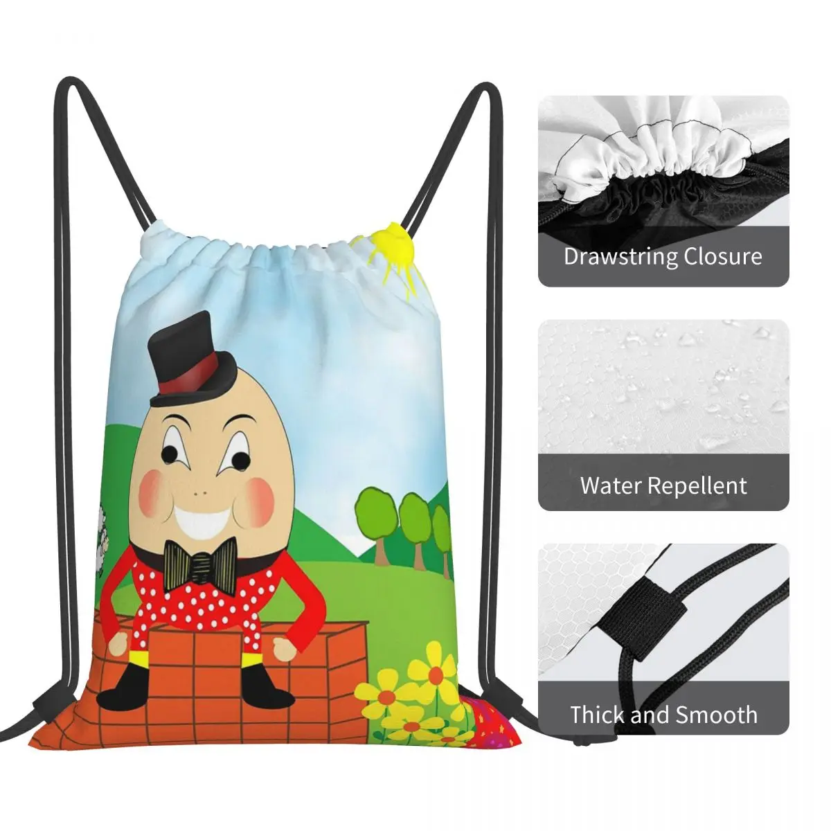 Mochila con cordón para hombre y mujer, morral bonito con diseño de Humpty Dumpty para guardería y rima, con cordón y bolsillo, bolsa deportiva para libros