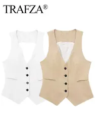 TRAFZA Summer Women Elegant Solid Linen Vest Top Casual Vintage V Neck Sleeveless Waistcoat 2024 Female Fashion Vests Chic Tops