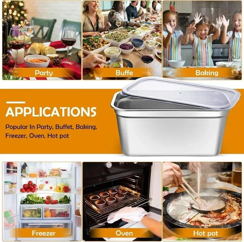حاوية تخزين الطعام من الفولاذ المقاوم للصدأ، طبق مستطيل مع غطاء، صينية فواكه، صندوق غداء، طبق منظم للثلاجة السميكة #6