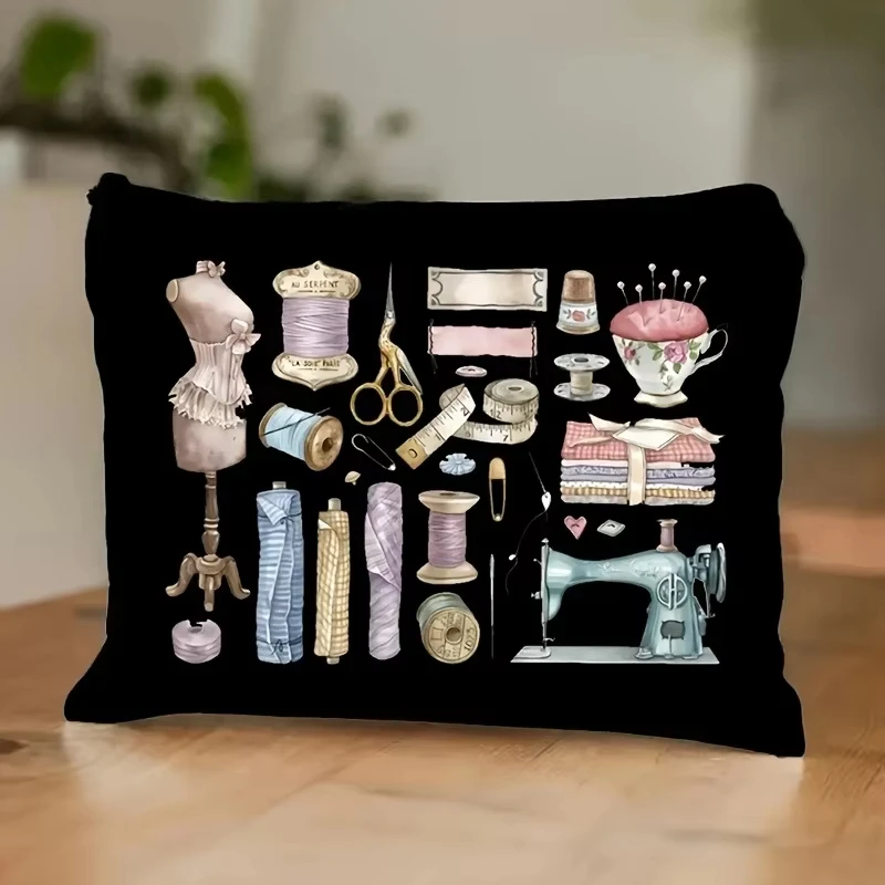Vintage Sewing Machine & Floral Makeup Bag Sewing-Themed Storage Organizer Large Capacity Cosmetic Case Lightweight Travel Bag