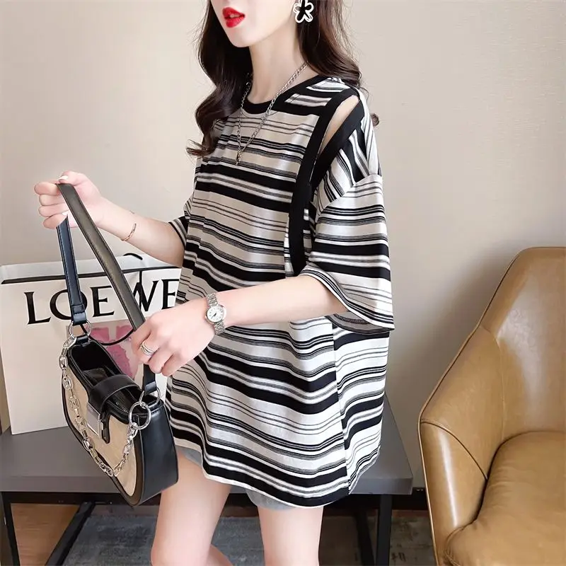 Women\'s Clothing Summer New Korean Commute Loose Midi Striped Crew Neck Spliced Hollow Out All-match Short Sleeve T-shirts Tops