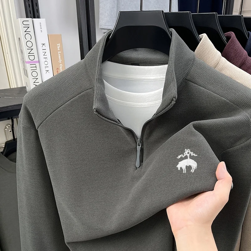 Luxury Classic Brand Original Embroidery Design Zipper Half High Collar Sweater Fashion Autumn Daily Velvet Warm Men T-shirt Top