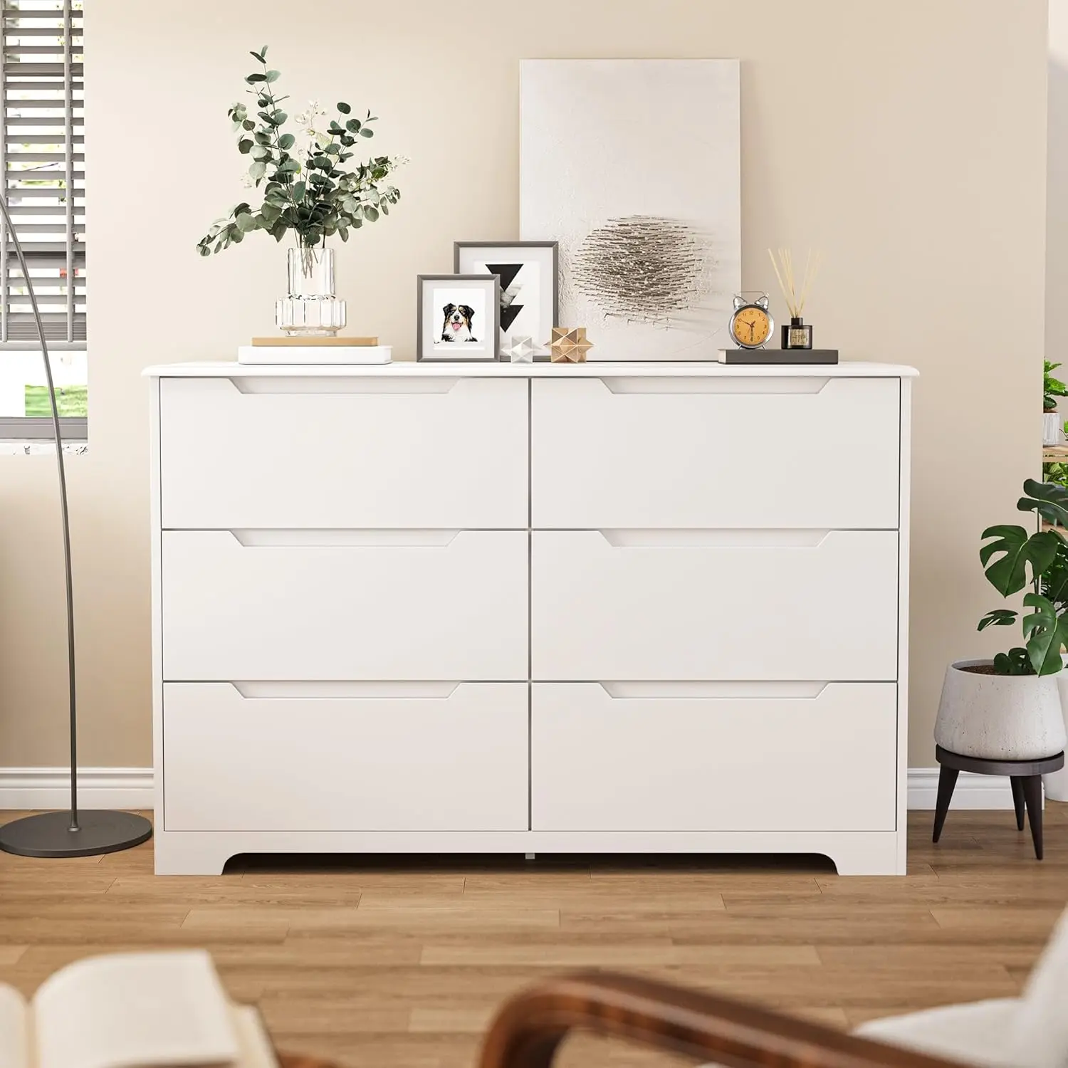 Wooden 6 Drawer Double Dresser for Bedroom, Living Room, Hallway, Entryway with Anti-Tip Design and Cut-Out Handles