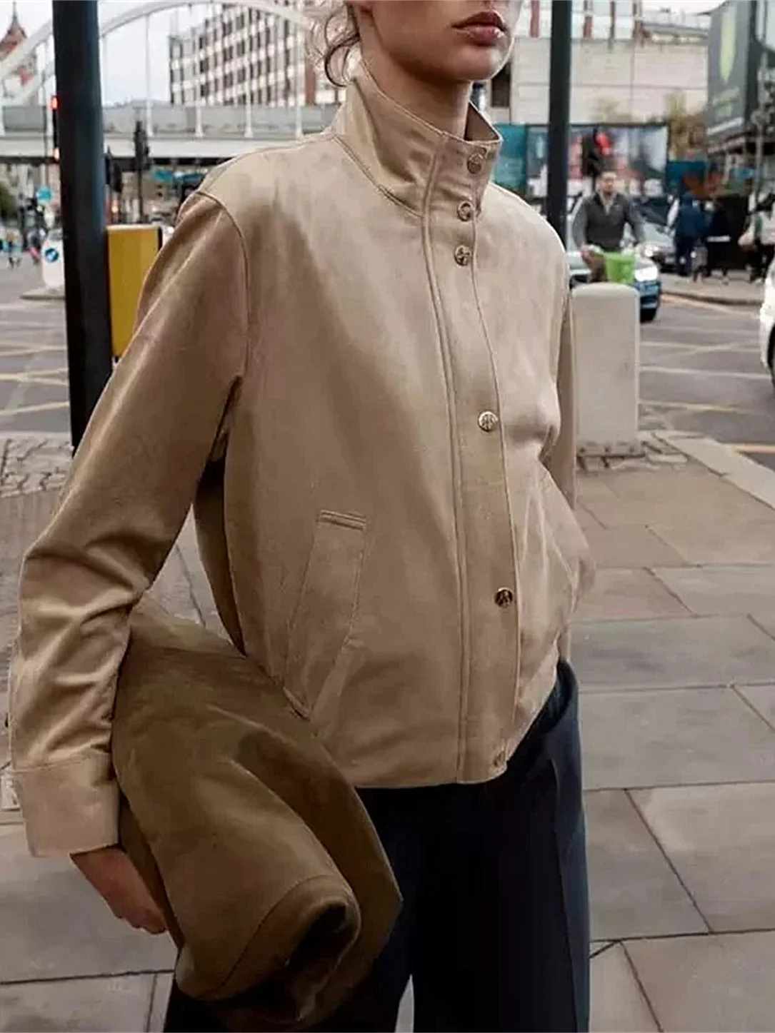 

Faionable Commuter Sle Zipper Faux Suede Effect Stand Collar Jaet Women's Autumn New Arrival Slim Fit ort Outerwear