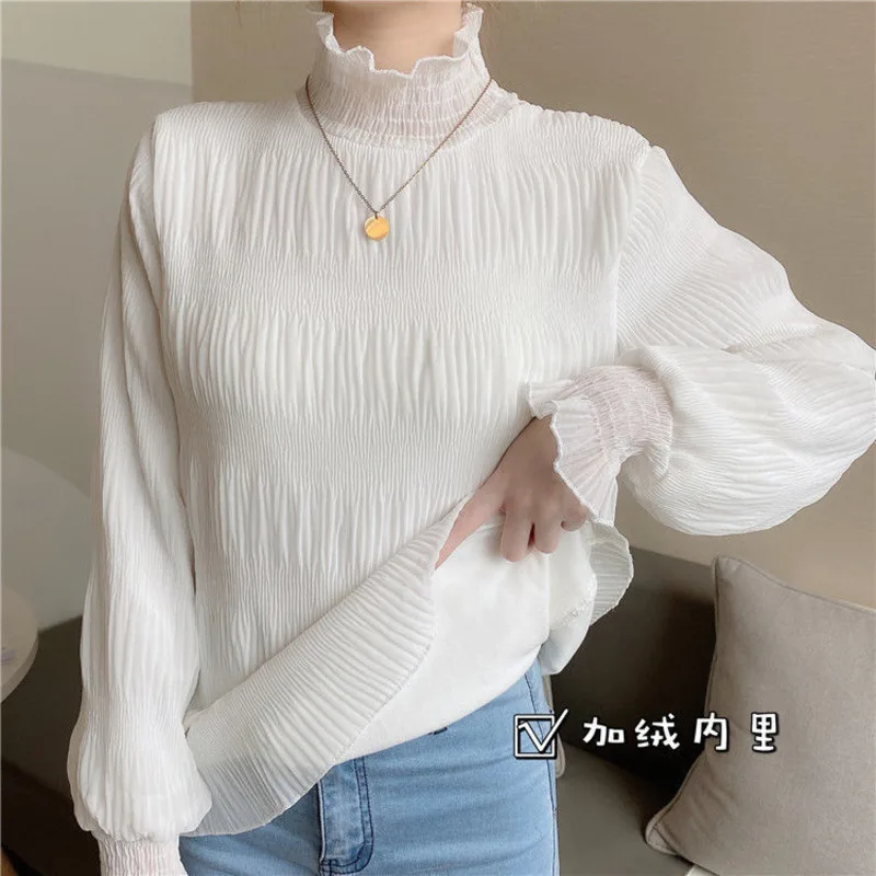 

2024 Autumn Winter Women Ruffles Neck Thicken Warm Pullovers Flare Sleeve Elegant Hoodies Ladies Solid Casual Bottoming Tops