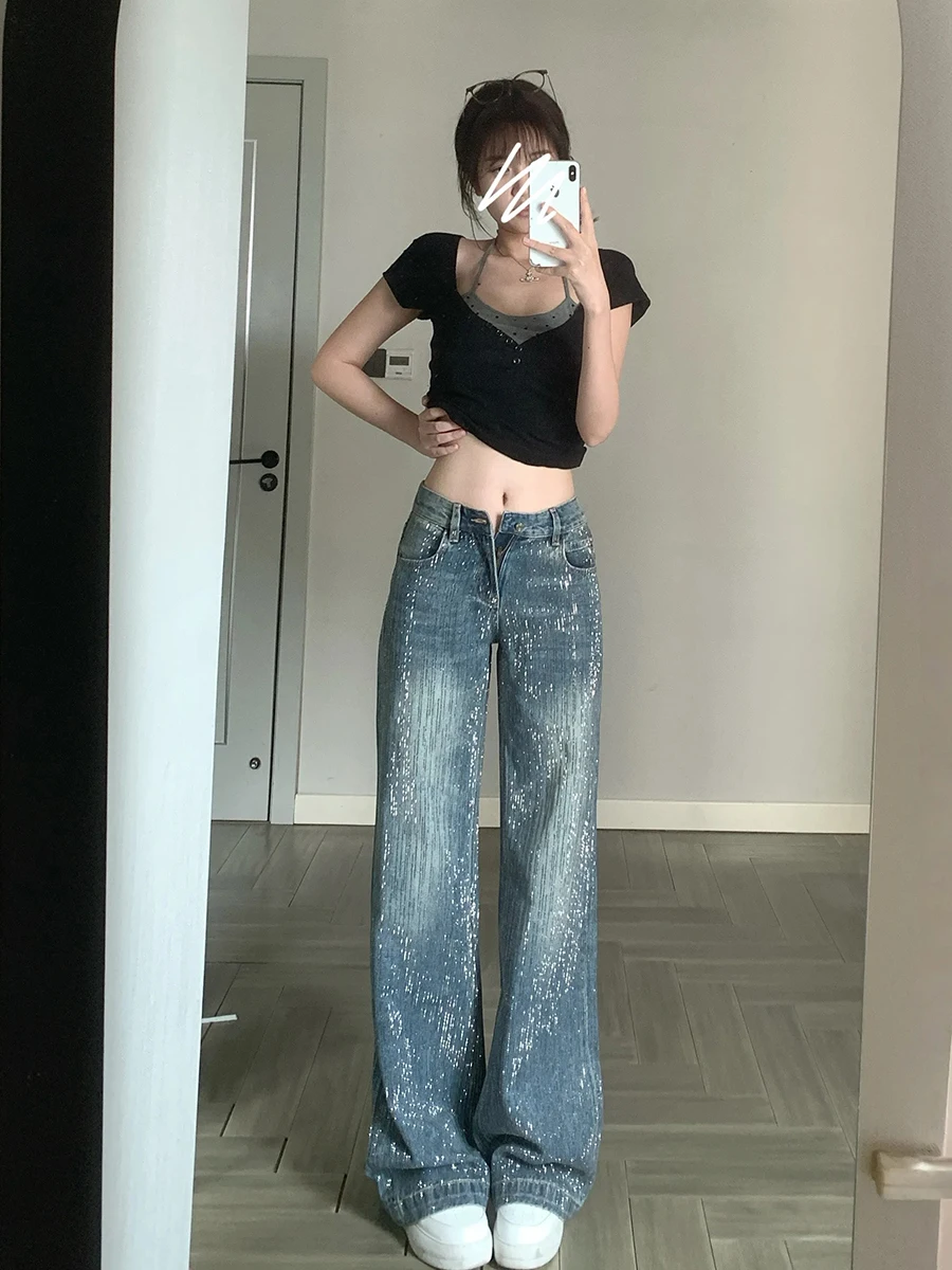 ReddaChic ICON 라인 석 장식 여성 청바지 파티 반짝이 수염 높은 허리 와이드 캐주얼 바지 바지 레트로 Y2k 의류
