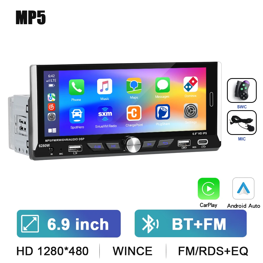 Podofo 6.9 "1Din Autospeler Draadloze CarPlay Android Radio Auto Multimedia Speler FM Radio Ontvanger Achteruitrijcamera autoradio