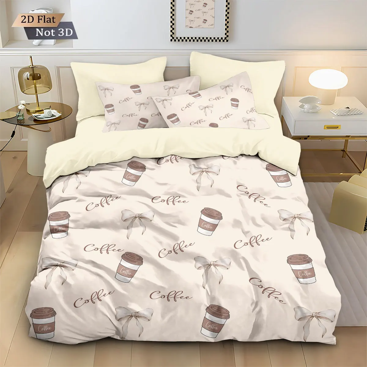 Coffee Cup Bows Print Bedding Set Brushed Duvet Cover Set for Home Bedoom Decoration, 1 Duvet Cover and 2pillowcase with Zipper