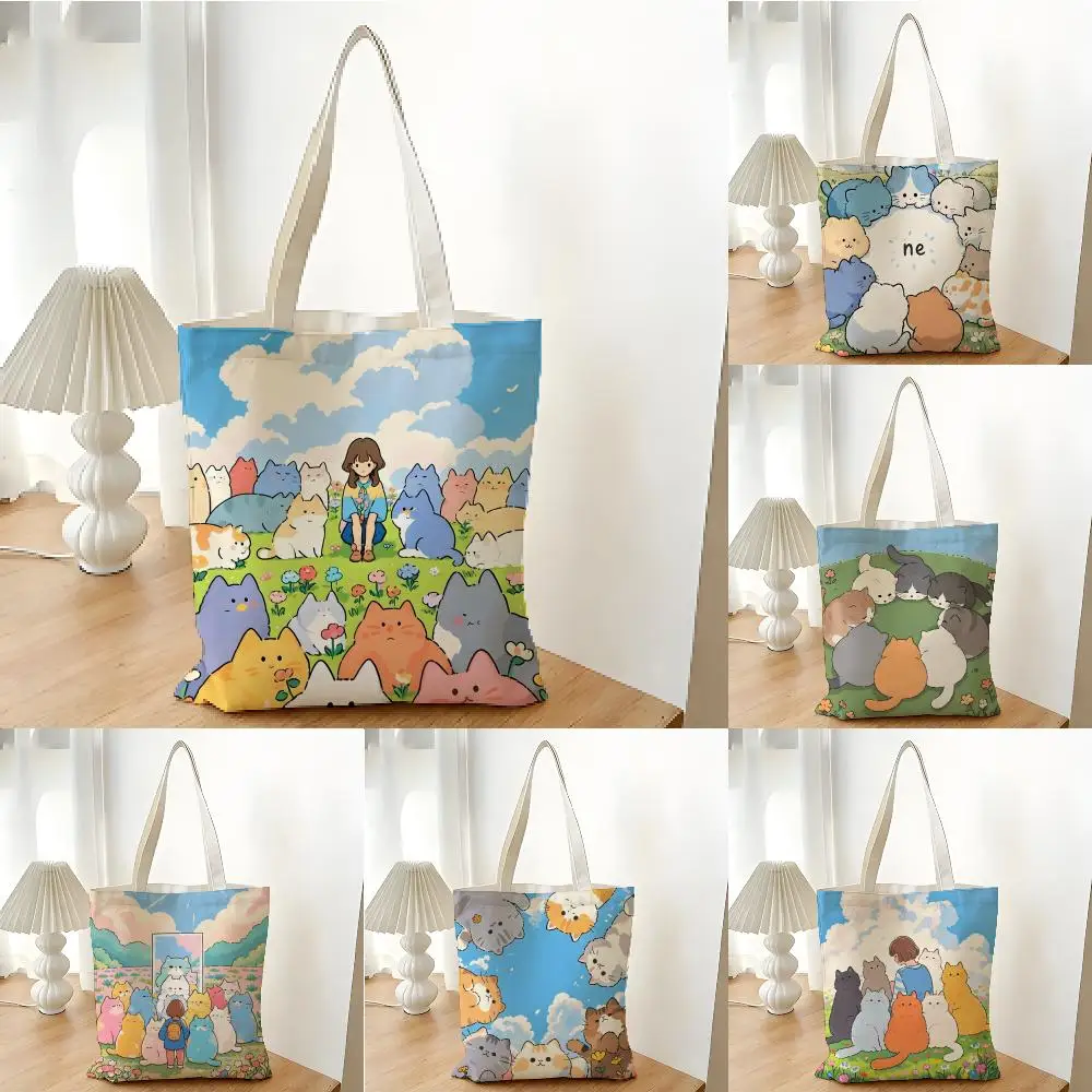 Storage Bags Shopping Bag Canvas Supermarket Shopping Bag Christmas Party Tote Bag Cartoon Cute Cat Picture With Fresh Wake Up