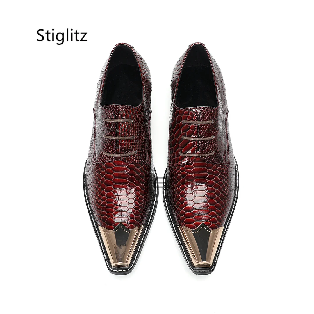 

Men's Lace Up Dress Shoes Genuine Leather Burgundy Snake Patterned Metal Pointed Toe Business Casual Wedding Shoes Bridegroom